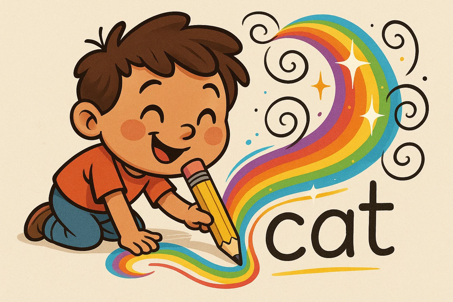 Cartoon child tracing letters in rainbow writing handwriting game with sparkles. Cartoon child tracing letters in rainbow writing handwriting game with sparkles.