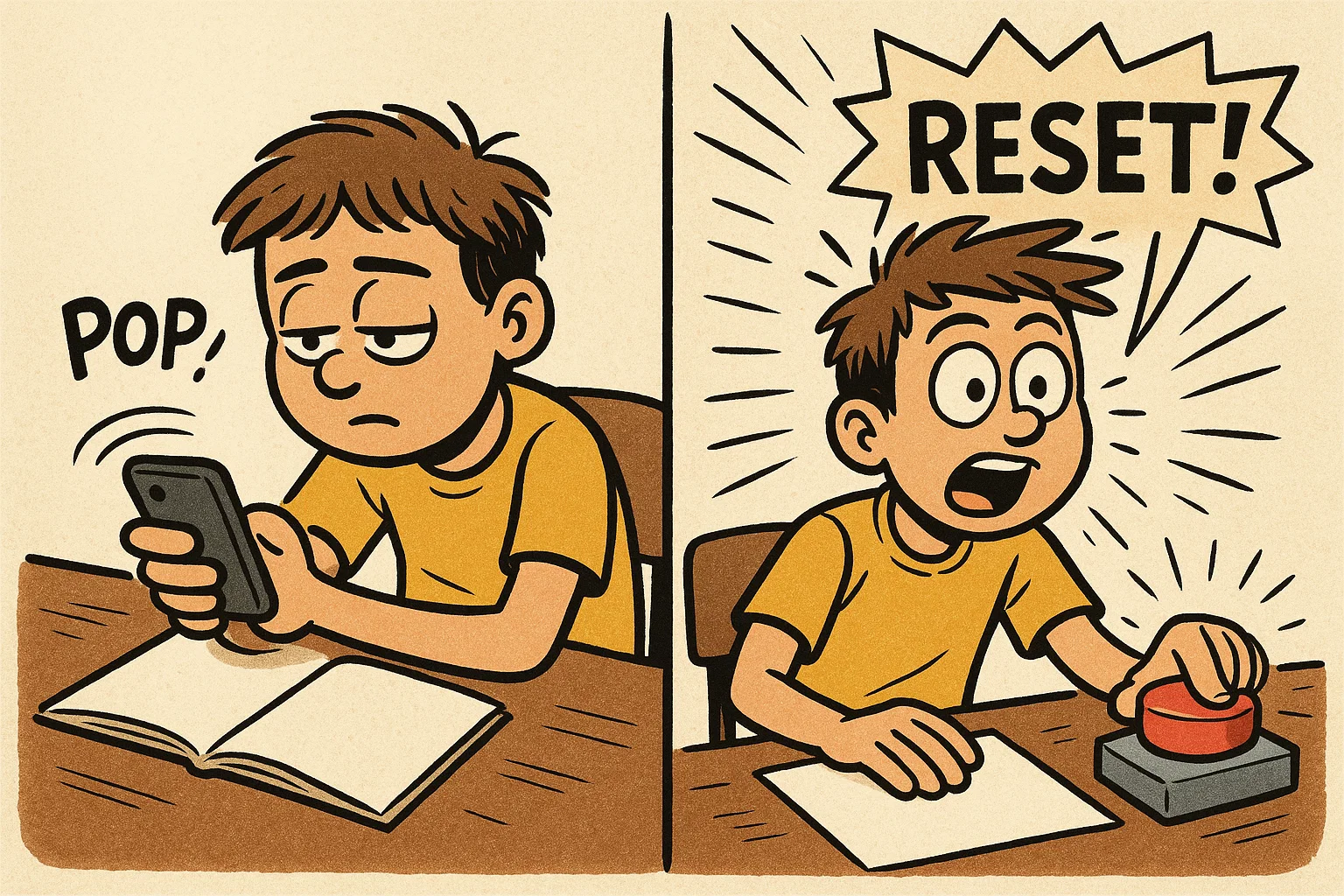Reset focus after distraction cartoon shows student regaining attention and motivation. Reset focus after distraction cartoon shows student regaining attention and motivation.