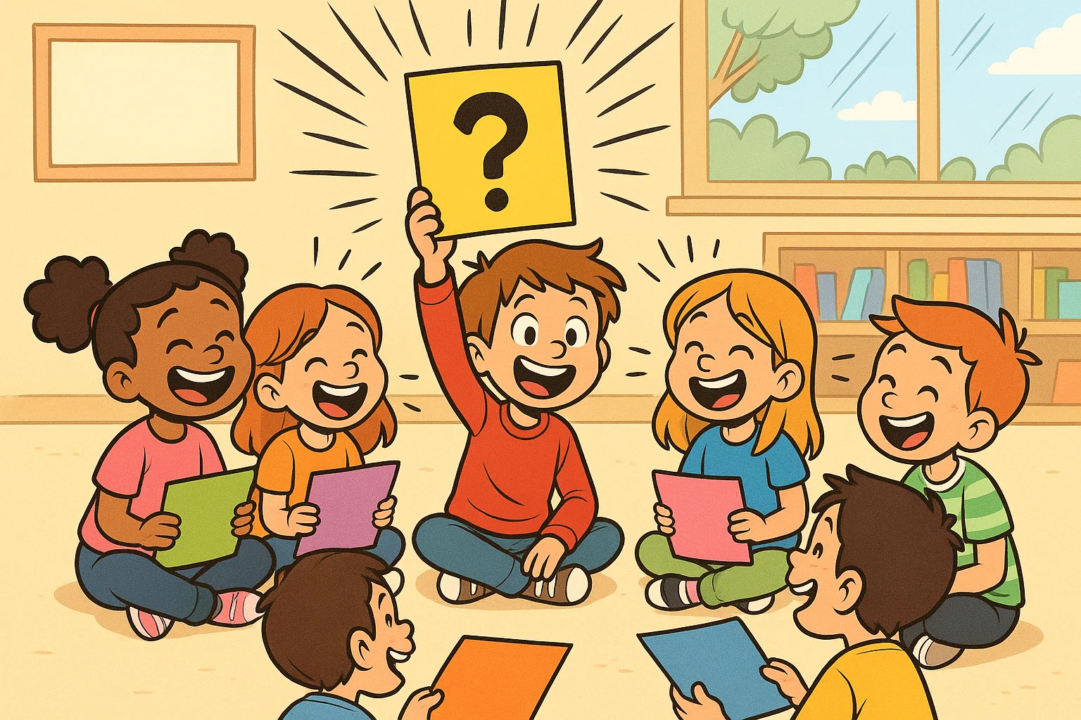 Children solving riddles for 8 year olds with answers in a fun cartoon classroom.