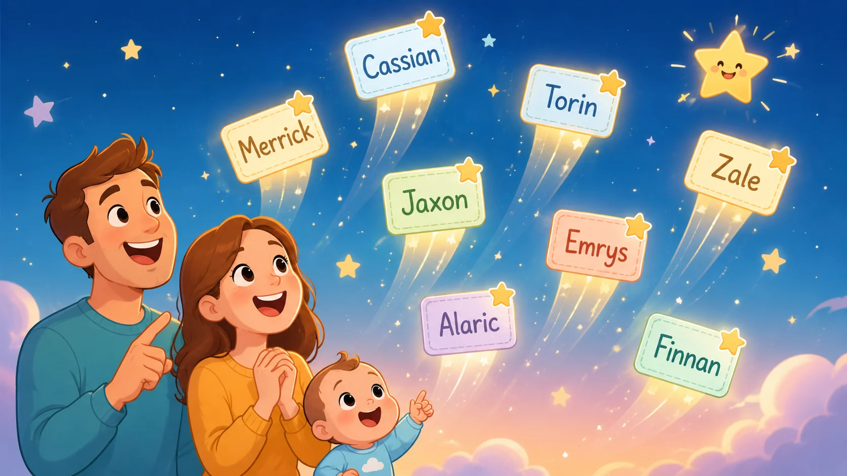 Rising unique boy name cards floating above happy parents. 
