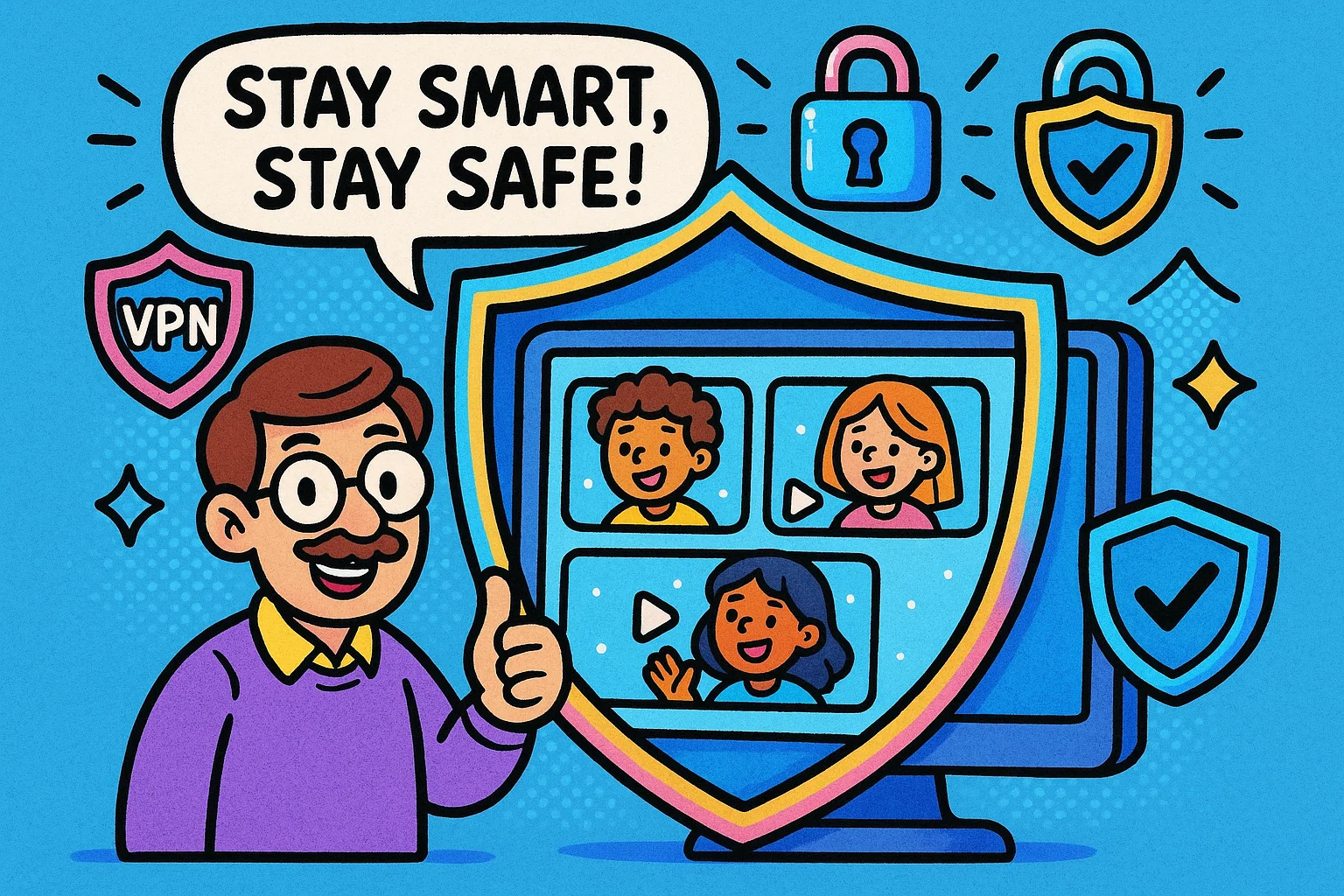 Safe online TikTok viewing with cartoon shield and happy users. Safe online TikTok viewing with cartoon shield and happy users.