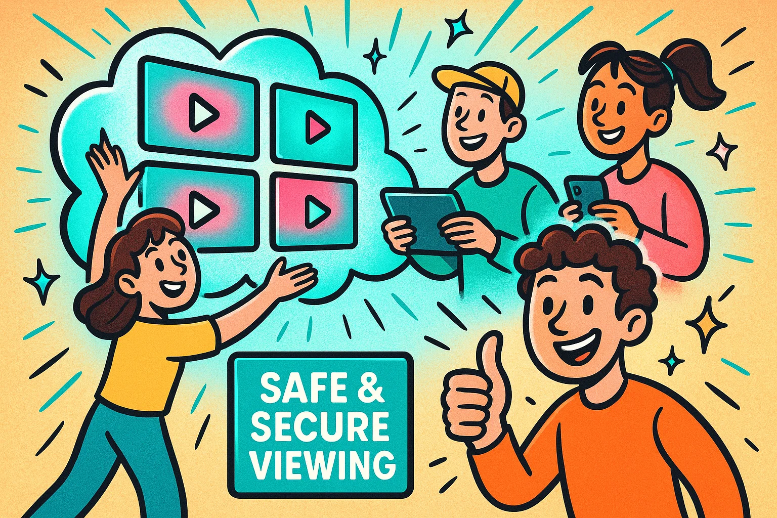 People watch safe social videos online in comic style with bright pink and blue. People watch safe social videos online in comic style with bright pink and blue.