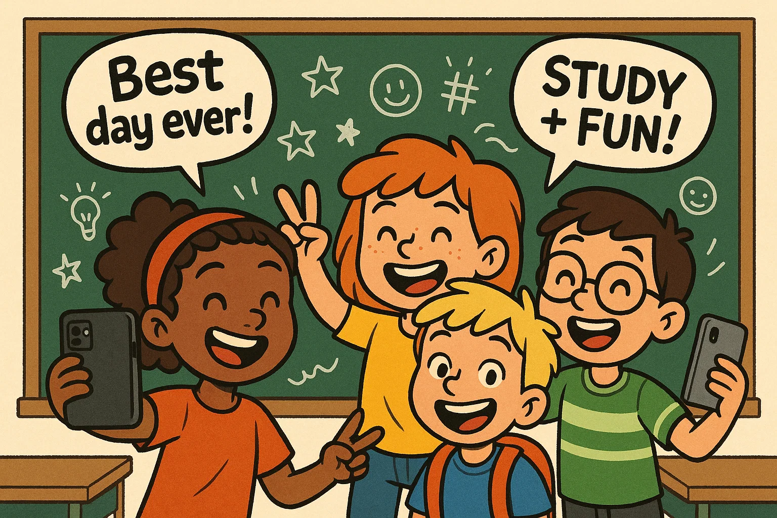 Cartoon kids taking selfie in class with playful school captions for children. Cartoon kids taking selfie in class with playful school captions for children.