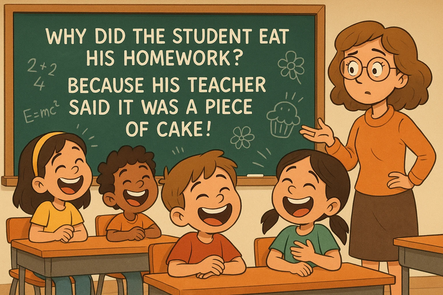 Cartoon classroom scene with dad telling school jokes to kids. Cartoon classroom scene with dad telling school jokes to kids.