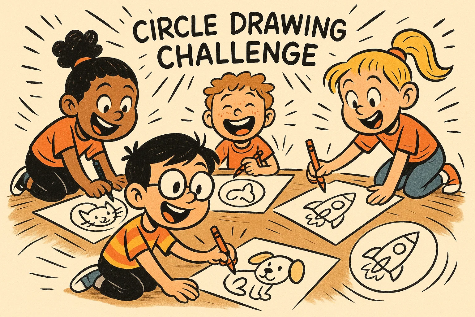 Cartoon kids in classroom doing fun drawing challenges and activities Cartoon kids in classroom doing fun drawing challenges and activities