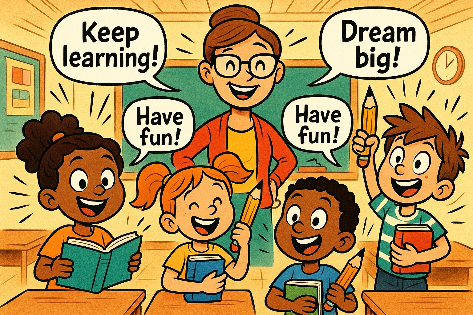 Cartoon classroom with kids and teacher sharing inspiring school quotes for children. Cartoon classroom with kids and teacher sharing inspiring school quotes for children.