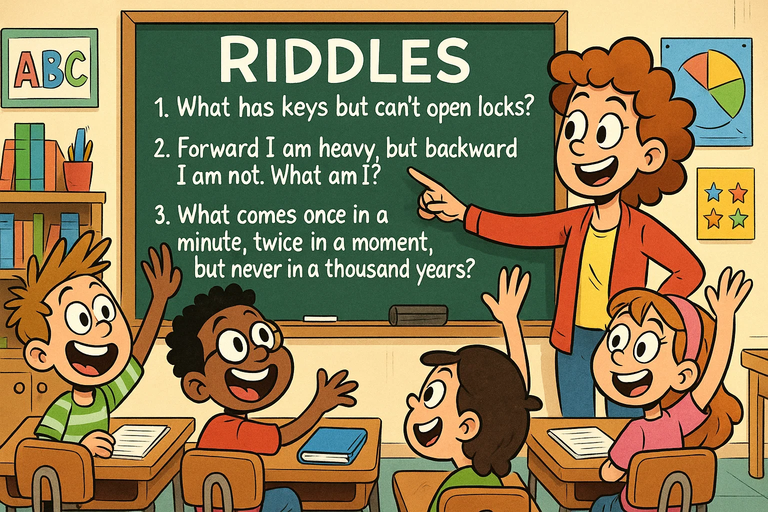 Classroom cartoon scene with teacher and students solving school riddles for 8 year olds.