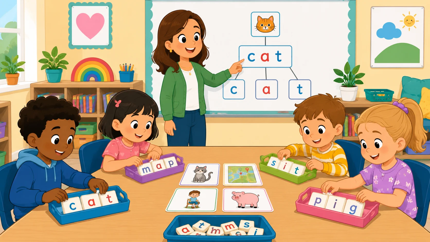 Science of Reading kindergarten phonics activities with letter tiles.