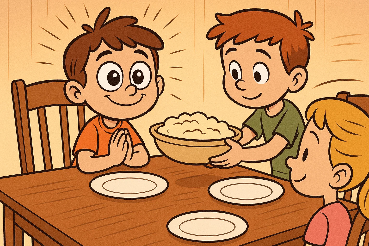 Children practicing self control during meals by waiting turns and mindful eating.