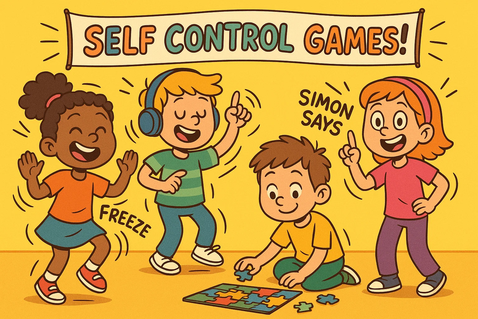 Children playing self control games that build focus, patience, and important life skills.