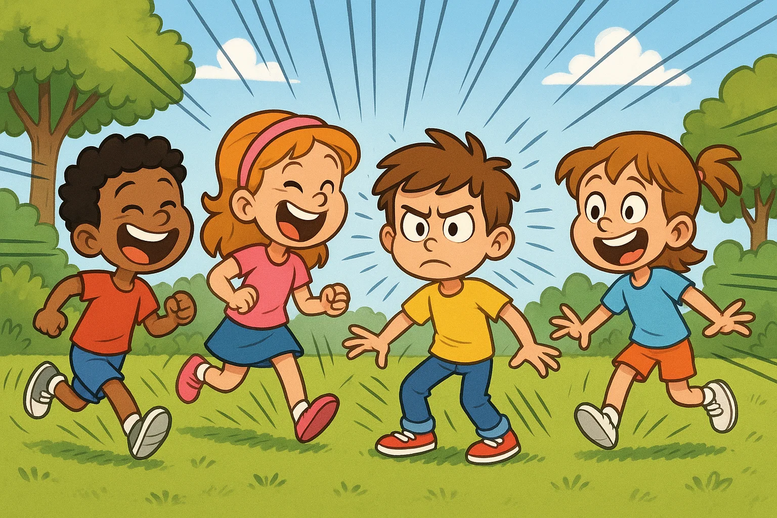 Kids playing movement based self control games outdoors with focus and patience.
