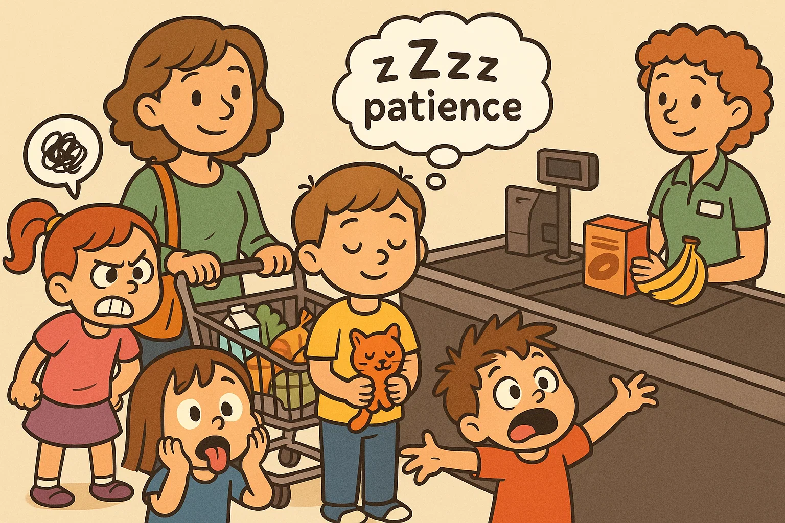 Child showing patience and self control while waiting in line at the store.