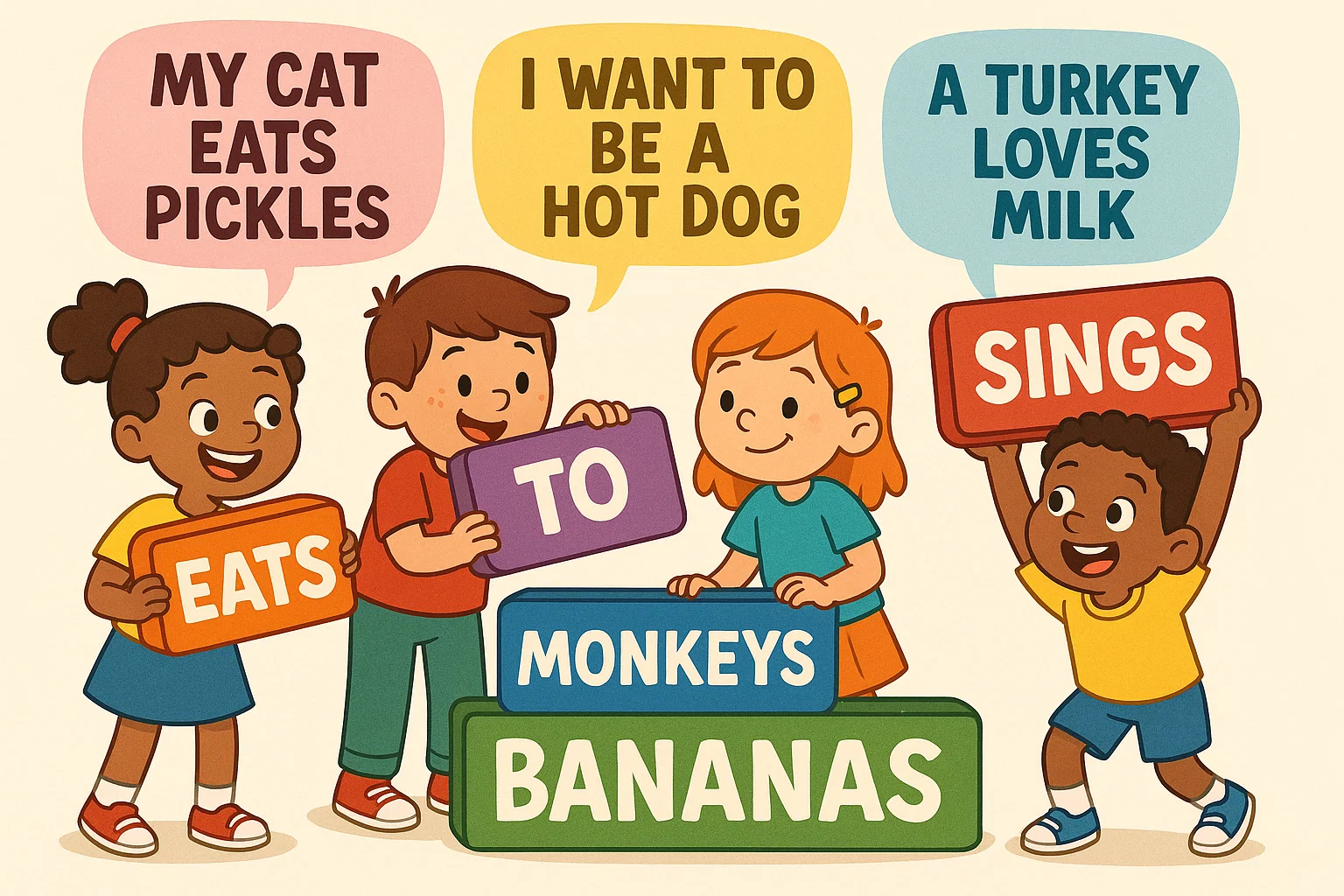 Cartoon children building sentences in handwriting game with colorful word blocks. Cartoon children building sentences in handwriting game with colorful word blocks.