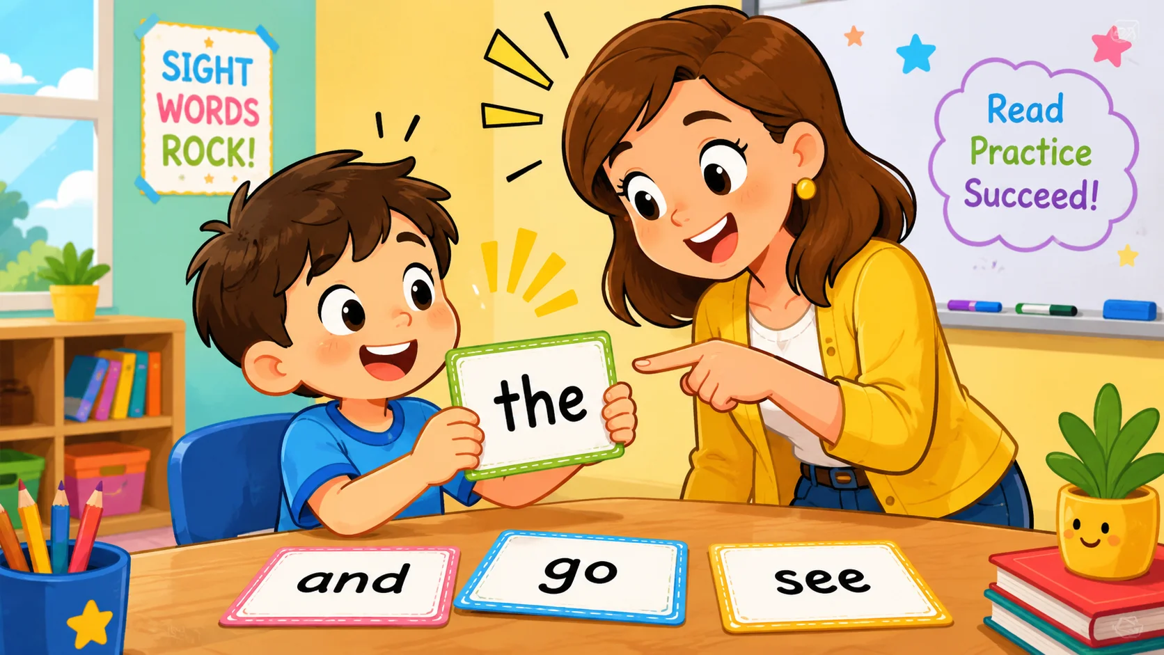  First grade sight word flashcards practice in classroom. 
