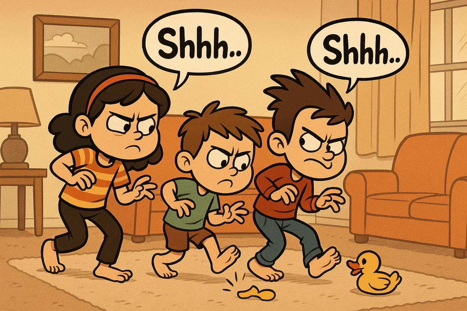 Cartoon kids tiptoeing as silent spies in an indoor game. Cartoon kids tiptoeing as silent spies in an indoor game.