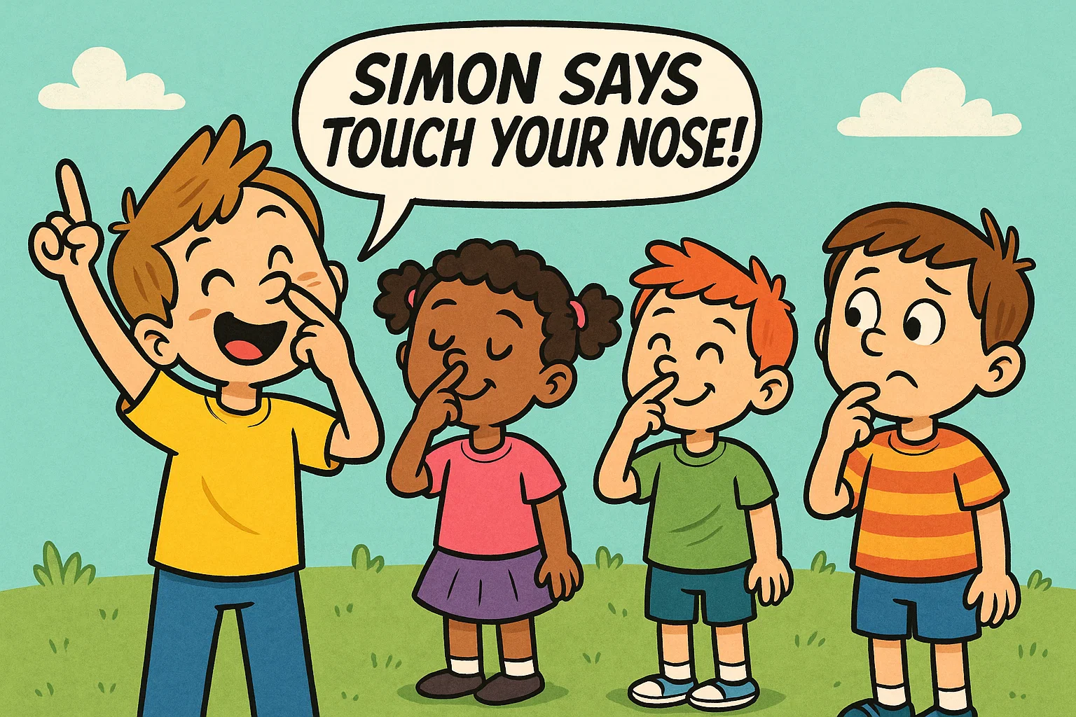 Children playing Simon Says game to improve listening skills and impulse control.