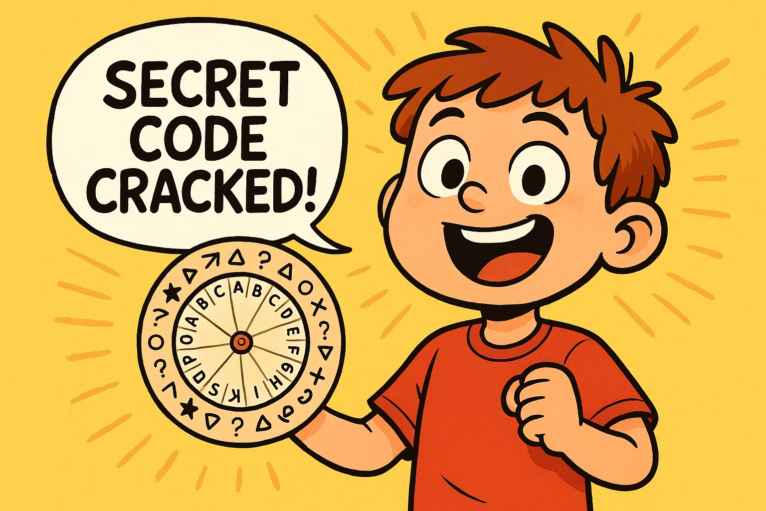 Cartoon child creating a sliding decoder for spy codes. Cartoon child creating a sliding decoder for spy codes.