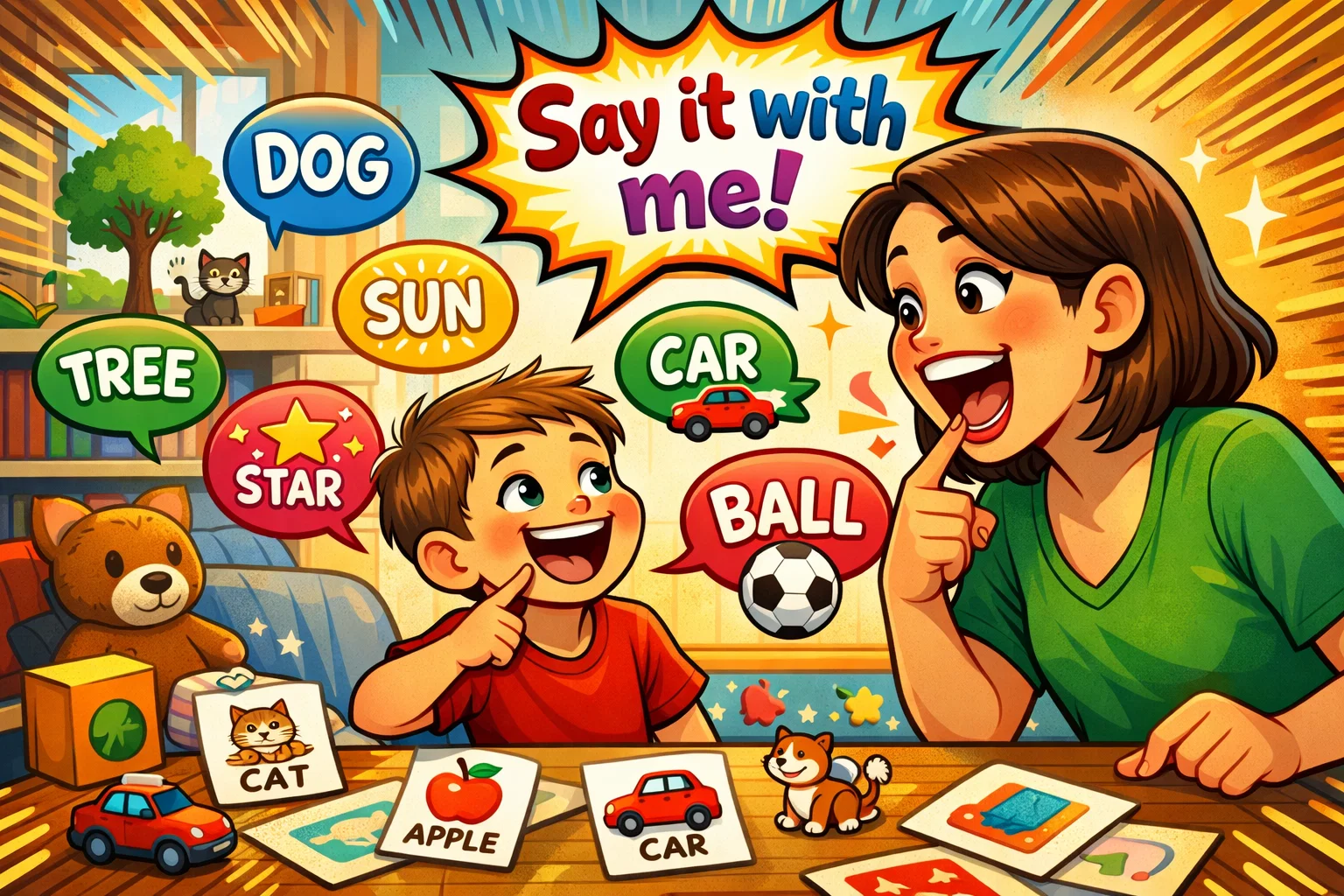 Speech therapy games for kids, practicing language skills with parents.