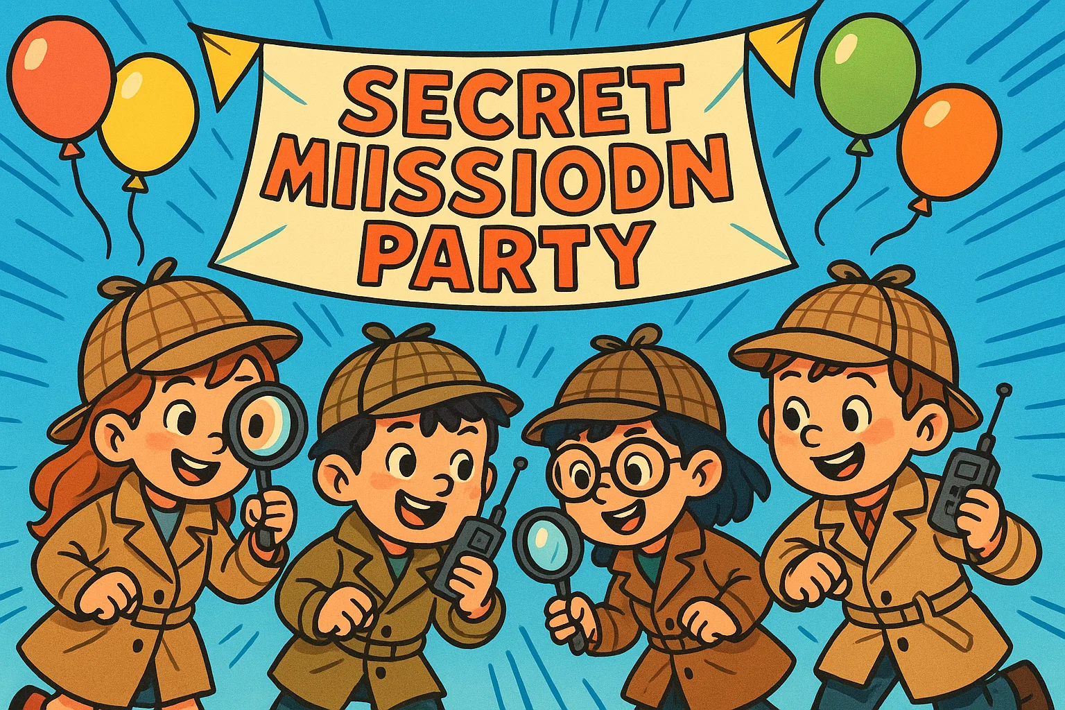 Cartoon kids at a spy party with fun missions and creative activities. Cartoon kids at a spy party with fun missions and creative activities.