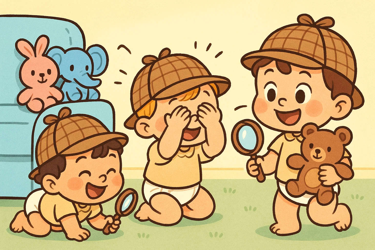 Cartoon toddlers playing games with simple missions. Cartoon toddlers playing games with simple missions.