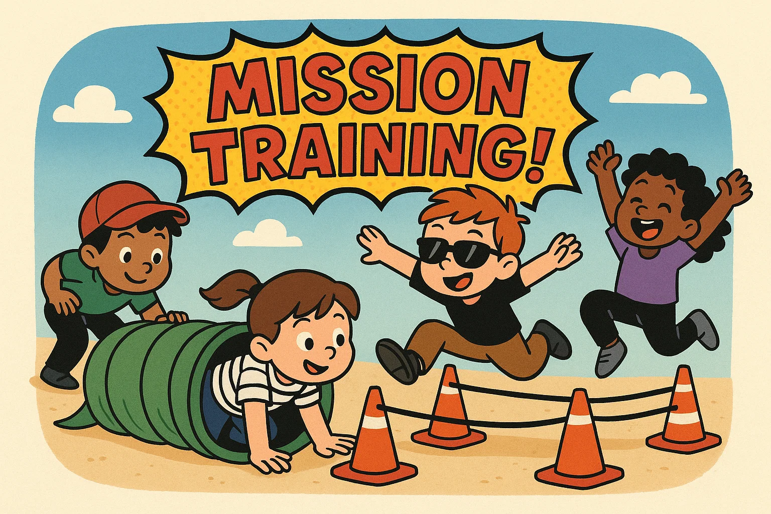 Cartoon kids training on an obstacle course mission. Cartoon kids training on an obstacle course mission.
