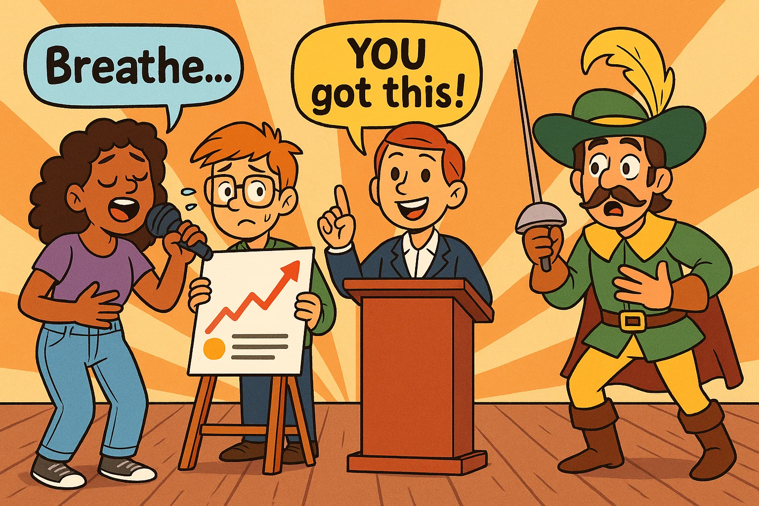 Illustration showing stage fear in different professions with confident performers. Illustration showing stage fear in different professions with confident performers.