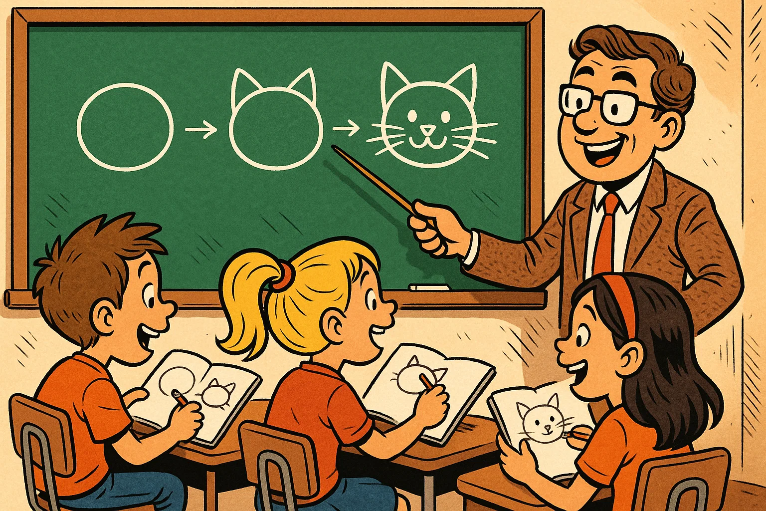 Cartoon teacher showing step-by-step cat drawing tutorial in school Cartoon teacher showing step-by-step cat drawing tutorial in school
