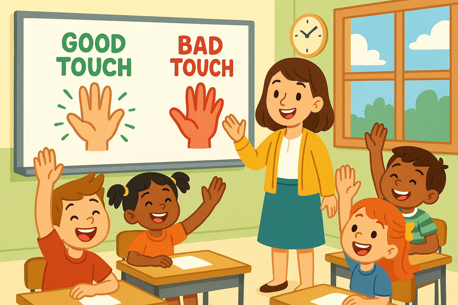 Teacher showing steps to teach good and bad touch in classroom with smiling students. Teacher showing steps to teach good and bad touch in classroom with smiling students.