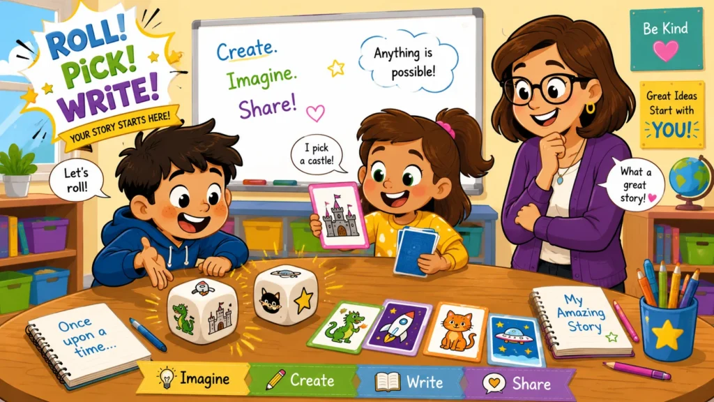 Story cards and dice writing game for kids in a playful classroom. 
