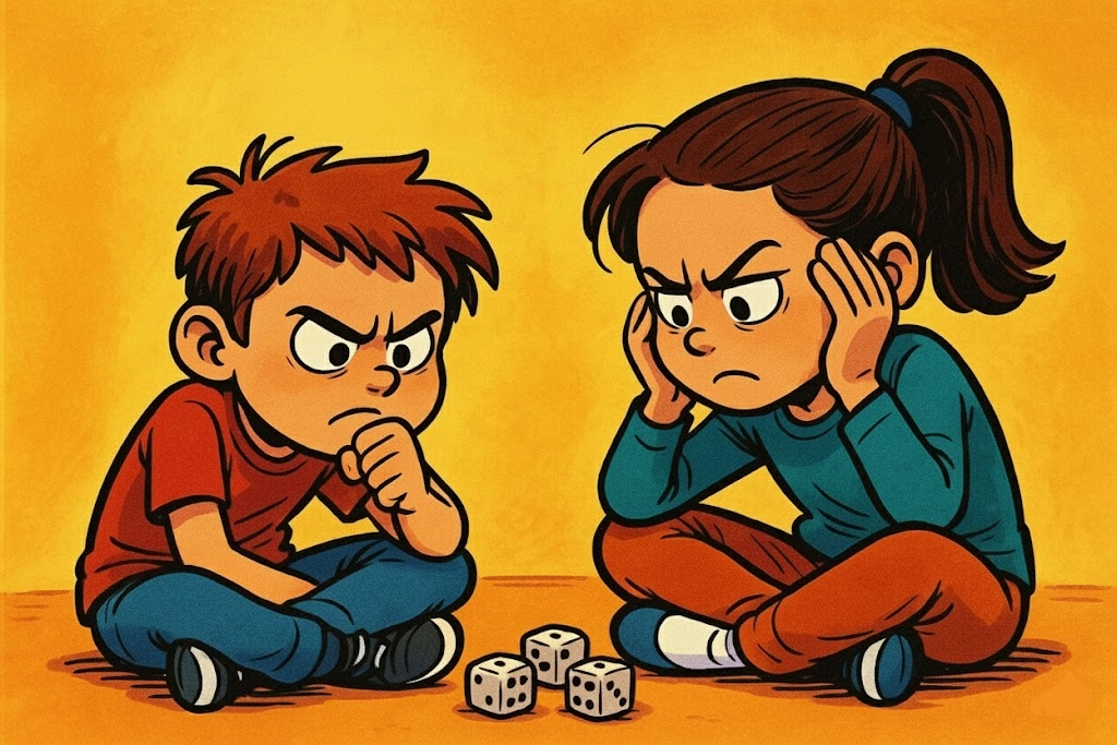 Humorous cartoon of two children with exaggerated expressions focused on planning a strategy in a dice game.
