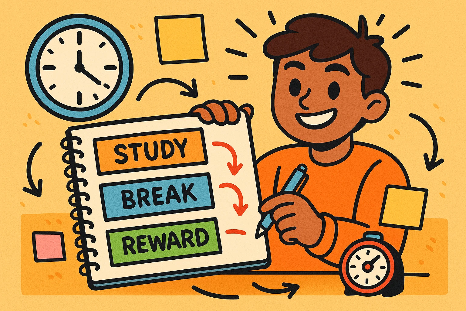 Structured study schedule cartoon with planner, clock, and organized study blocks. Structured study schedule cartoon with planner, clock, and organized study blocks.