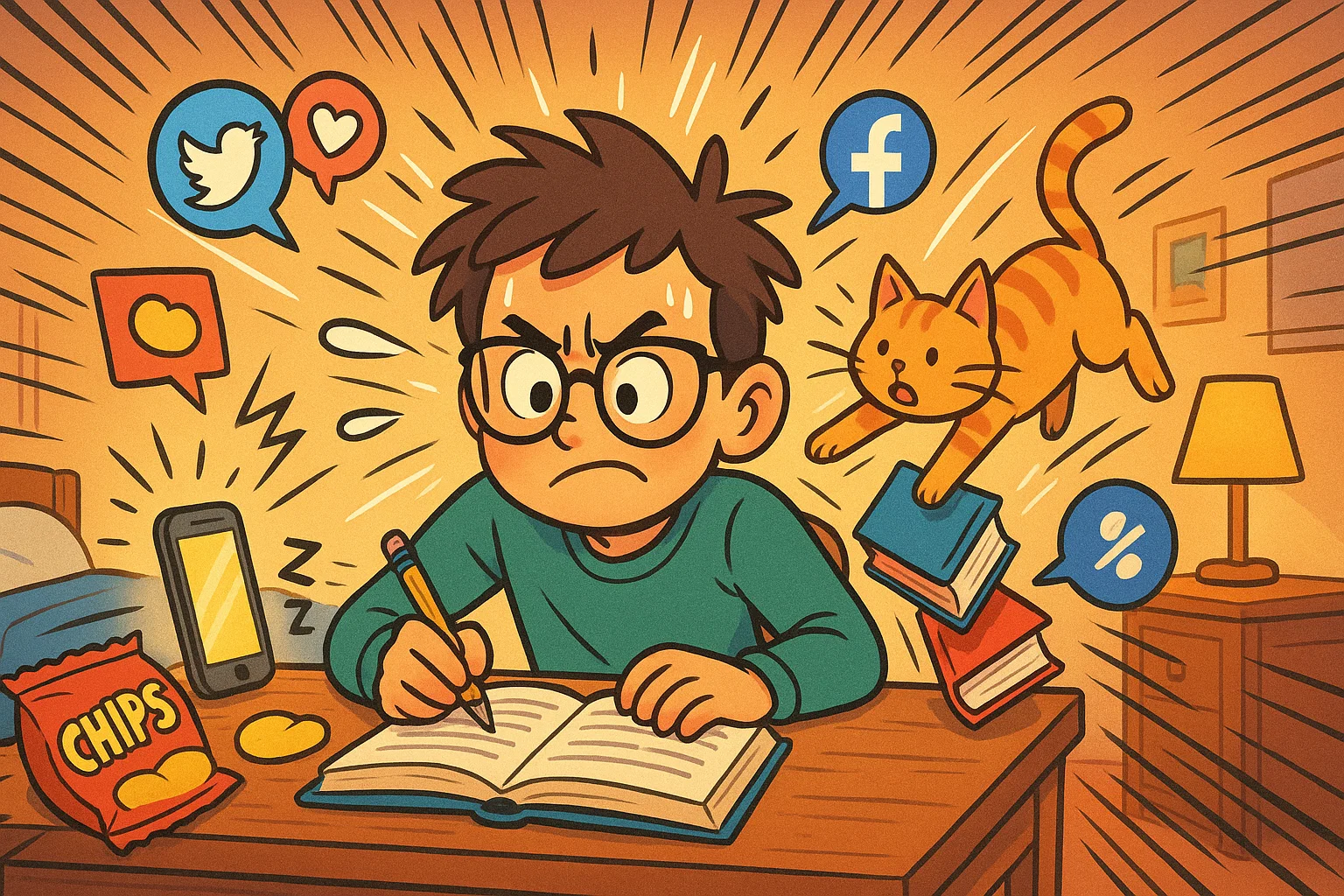 Student distracted while studying cartoon shows phone, snacks, and playful cat. Student distracted while studying cartoon shows phone, snacks, and playful cat.