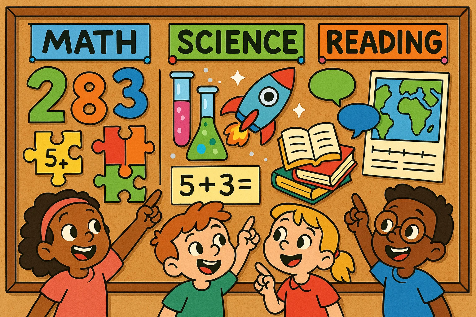 Subject themed bulletin board ideas showing math, science, reading, and history boards. Subject themed bulletin board ideas showing math, science, reading, and history boards.