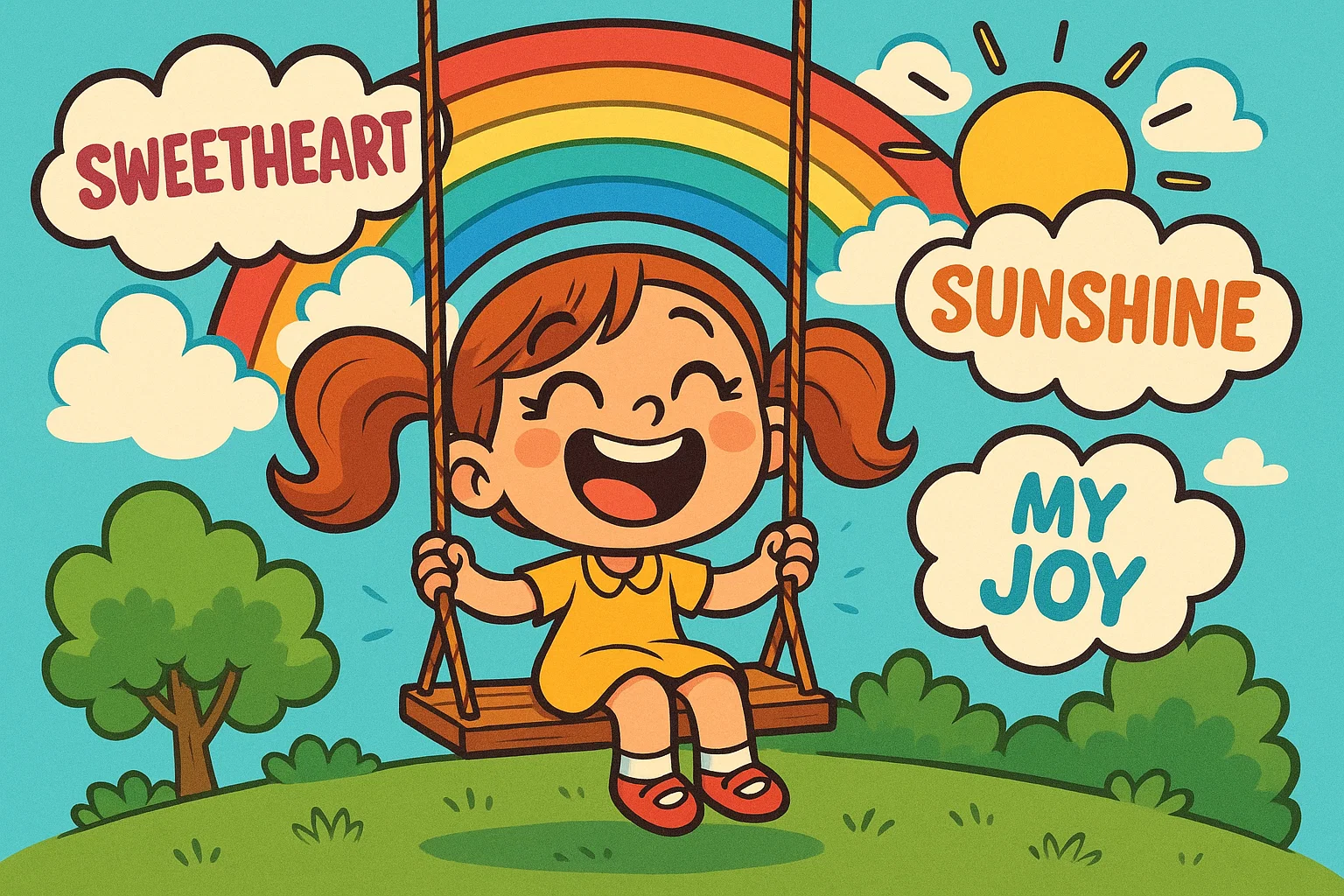 Cartoon girl on swing with sweet words in balloons. Cartoon girl on swing with sweet words in balloons.