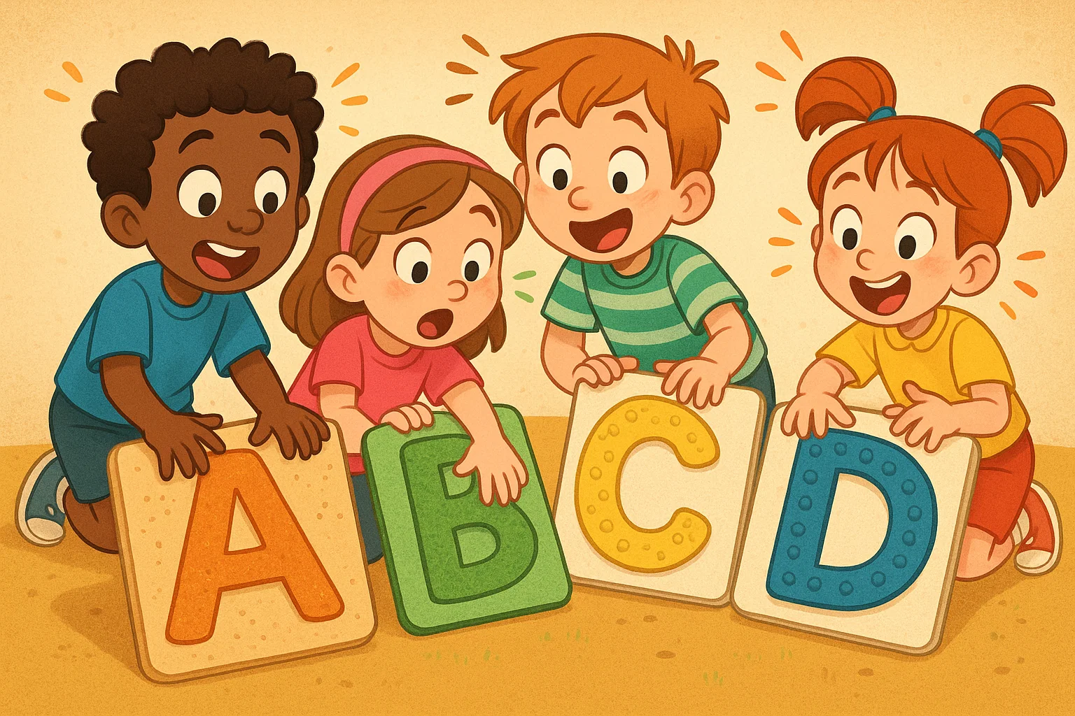 Cartoon kids touching tactile alphabet cards in handwriting game with textures. Cartoon kids touching tactile alphabet cards in handwriting game with textures.