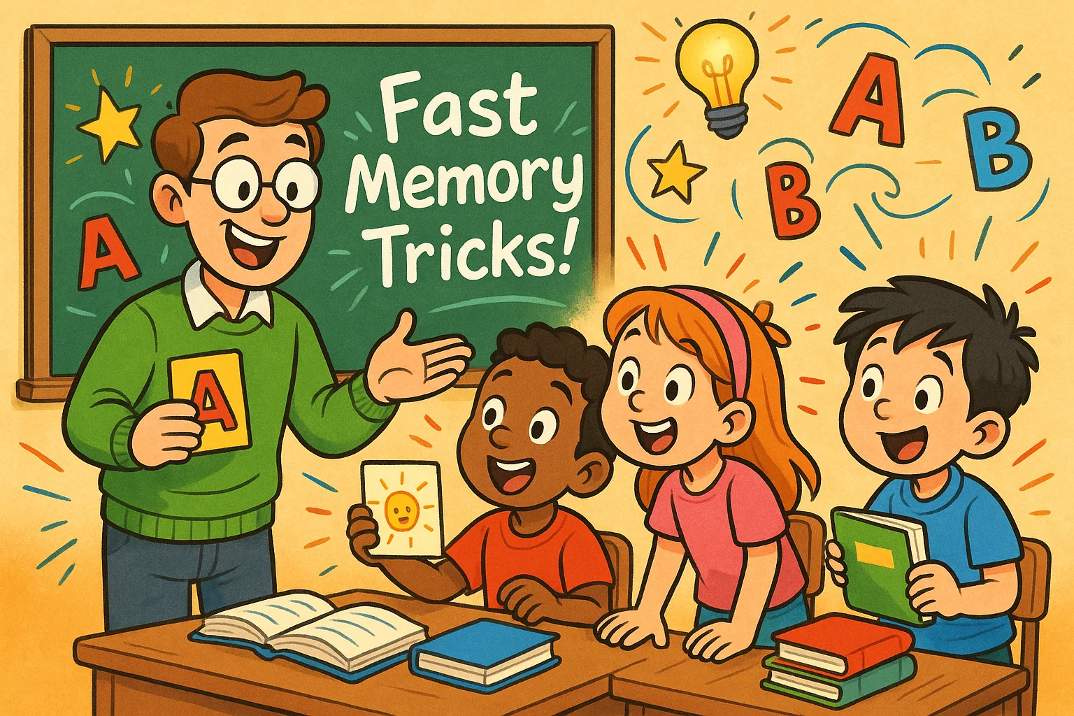 Children learn how to memorize things fast in a colorful classroom with a happy teacher. Children learn how to memorize things fast in a colorful classroom with a happy teacher.