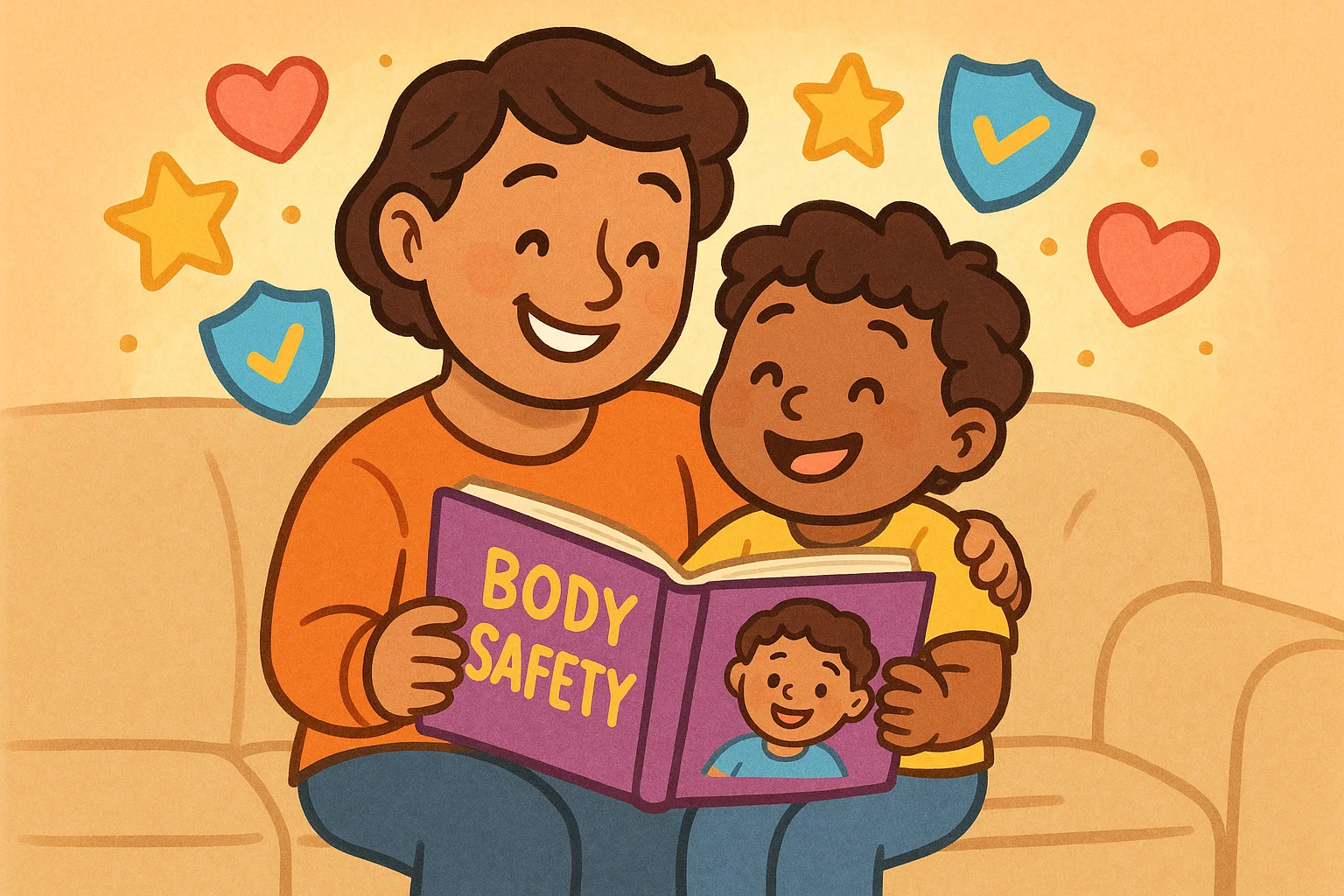 Parent teaching child about good touch and bad touch with a safety book in a warm setting. Parent teaching child about good touch and bad touch with a safety book in a warm setting.