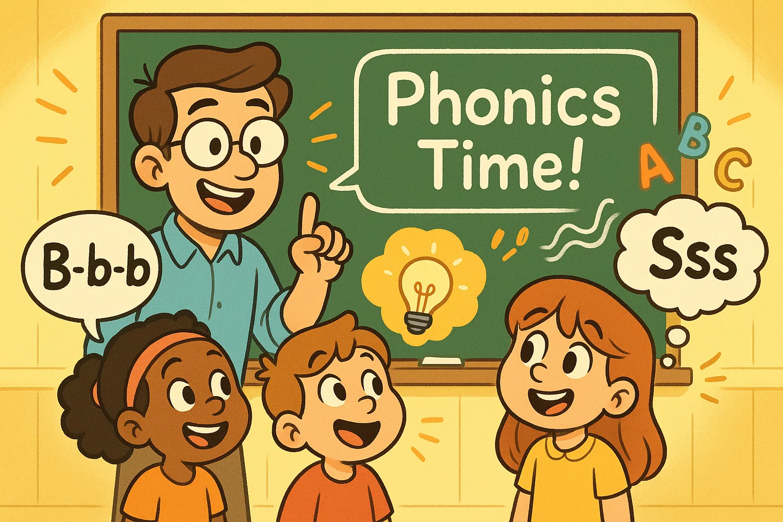 Teacher showing letter sounds to young learners in an engaging phonics class.