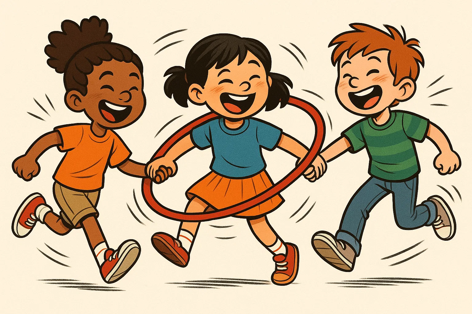 Cartoon showing three diverse children working together to pass a large hula hoop over their bodies during a team relay. Cartoon showing three diverse children working together to pass a large hula hoop over their bodies during a team relay.