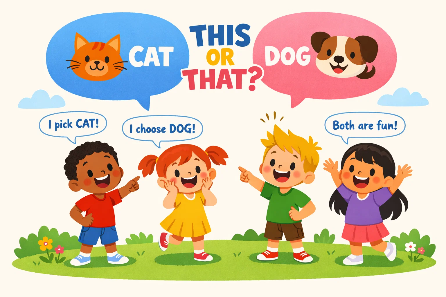 This or that for kids game with happy children choosing between fun options.
