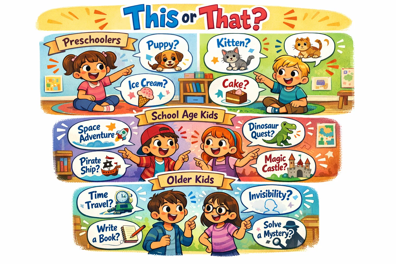 This or that questions by age for kids with three children and simple choices.
