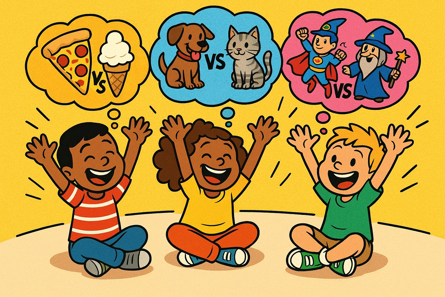 Cartoon kids playing this or that questions game with laughter and imagination. Cartoon kids playing this or that questions game with laughter and imagination.