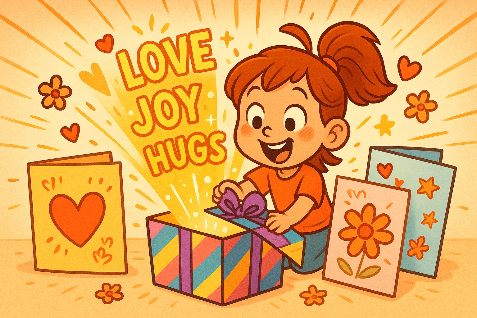 Cartoon girl with cards and gifts showing thoughtful words. Cartoon girl with cards and gifts showing thoughtful words.