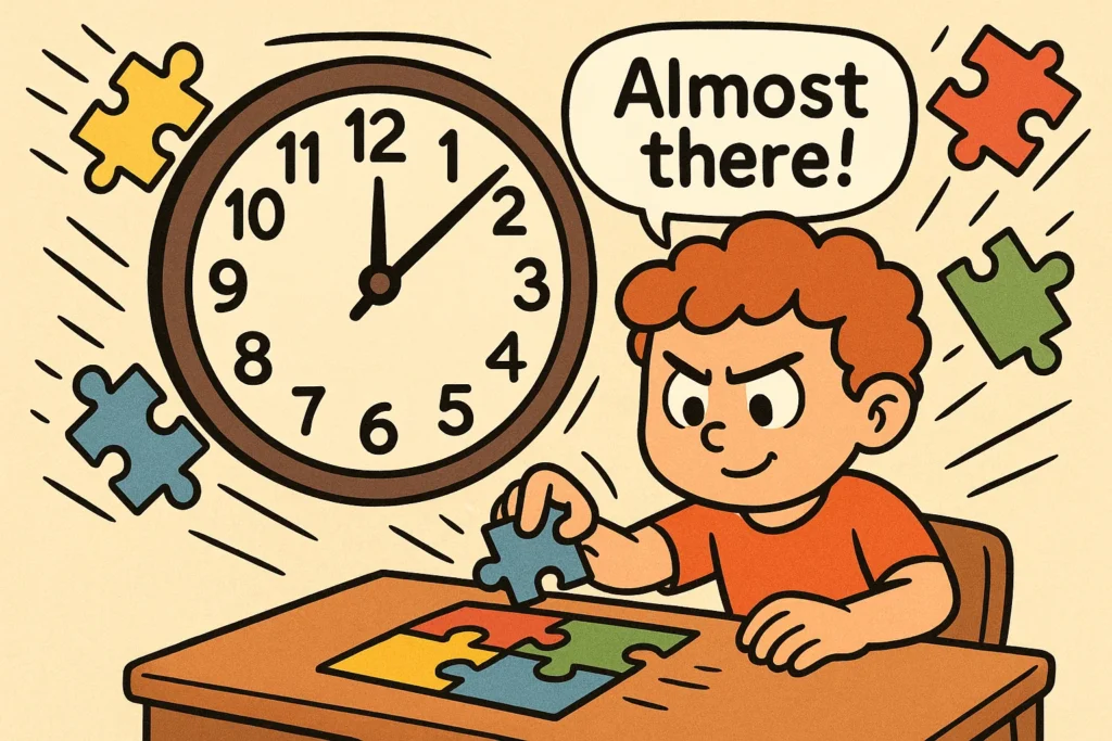 Children solving timed puzzles as a self control game practicing delayed gratification.