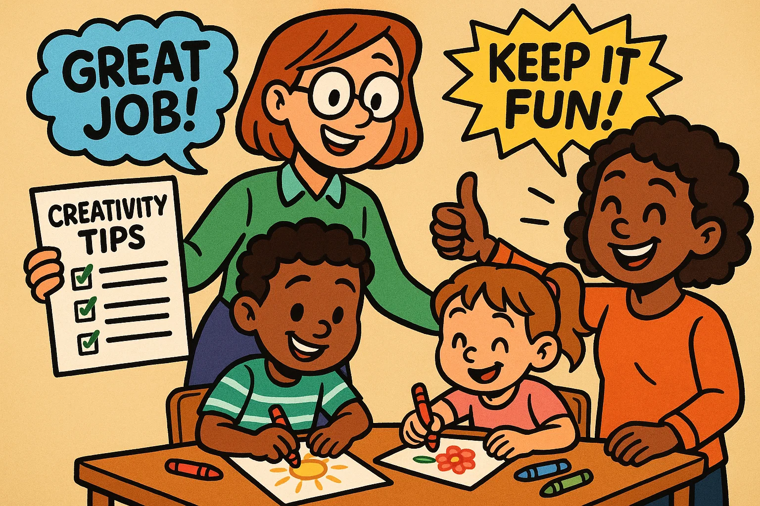 Cartoon teacher and parent encouraging kids with drawing tips Cartoon teacher and parent encouraging kids with drawing tips