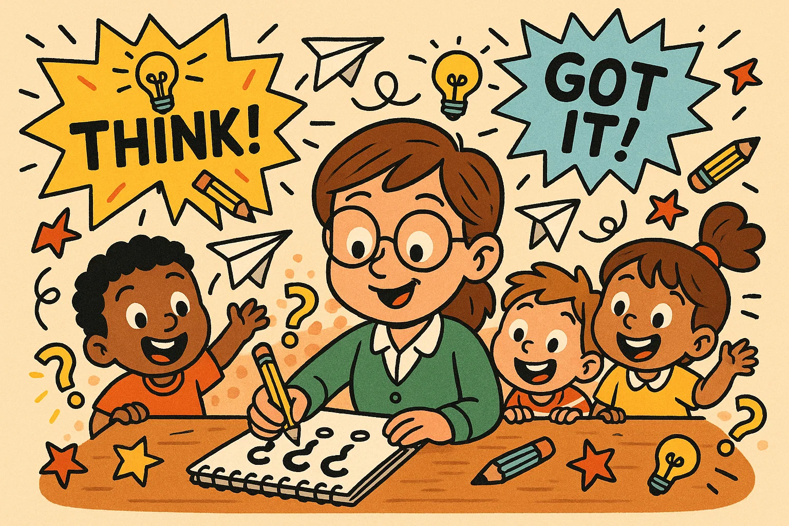 Teacher showing tips for making tricky questions for kids in classroom. Teacher showing tips for making tricky questions for kids in classroom.