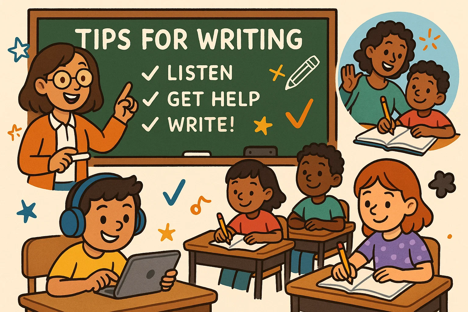 Cartoon teacher and students using tips for 4th grade journal prompts at class and home.
