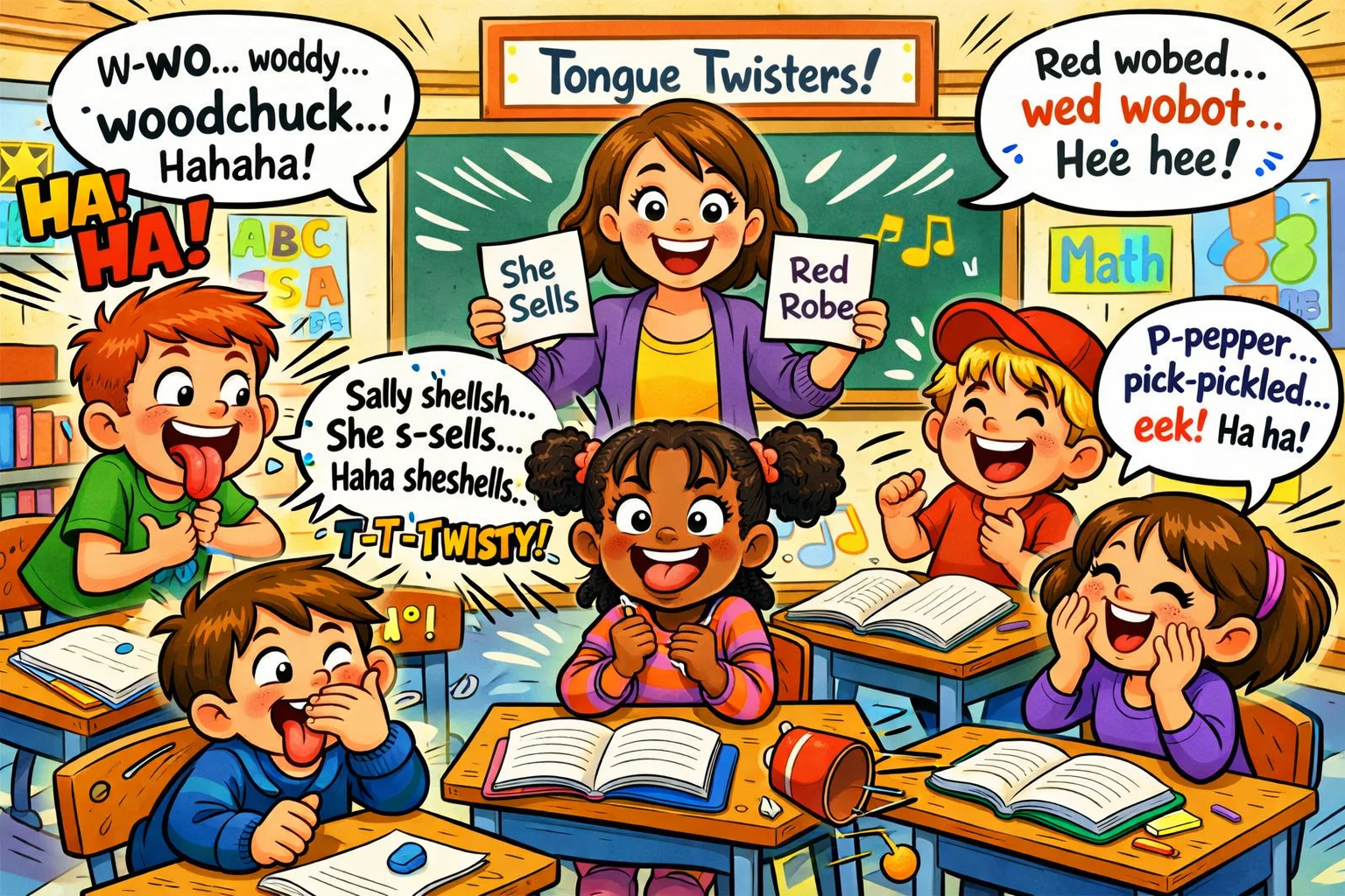Tongue twisters for kids classroom activity with children practicing speech skills.