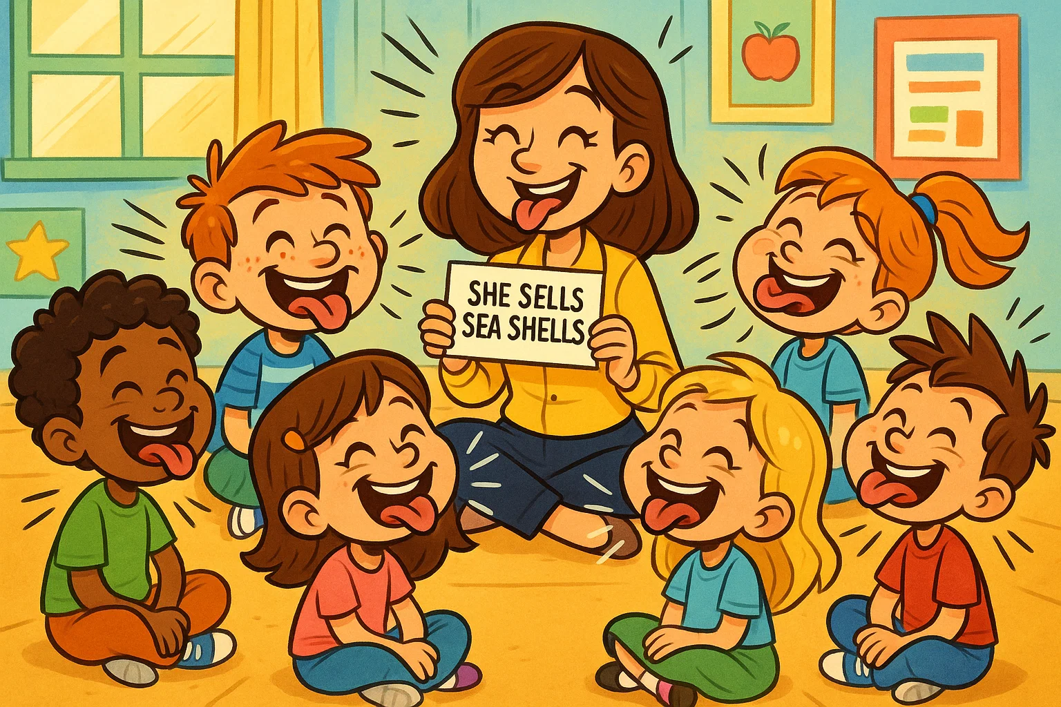 Kids practicing tongue twisters for fun in classroom with teacher. Kids practicing tongue twisters for fun in classroom with teacher.