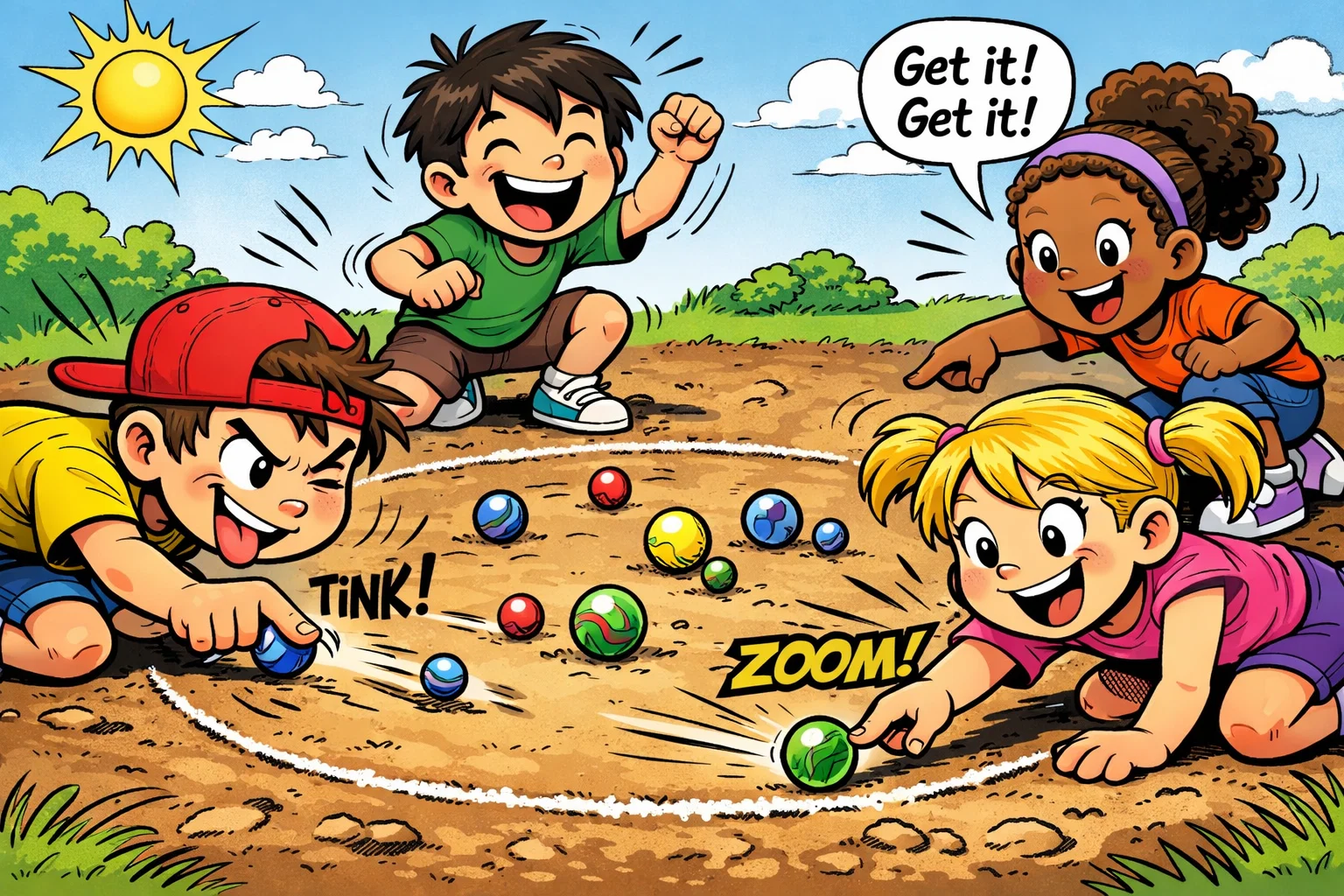 Traditional and active marble games with kids rolling marbles in outdoor play.
